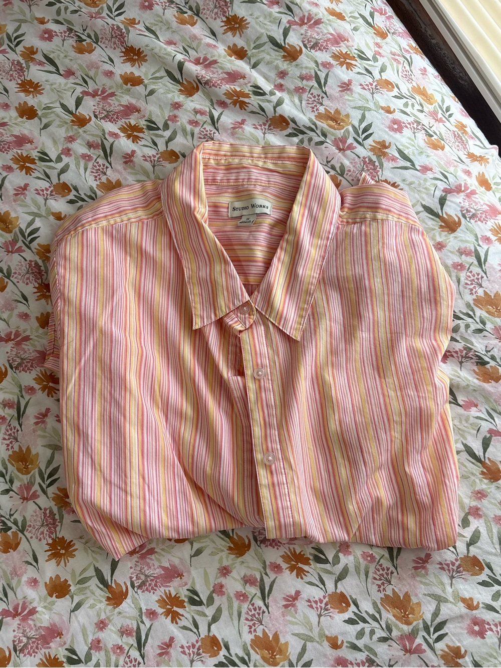 Studio Works Quarter Sleeve Striped Vibrant Button Up Size XL Yellow Pink Orange